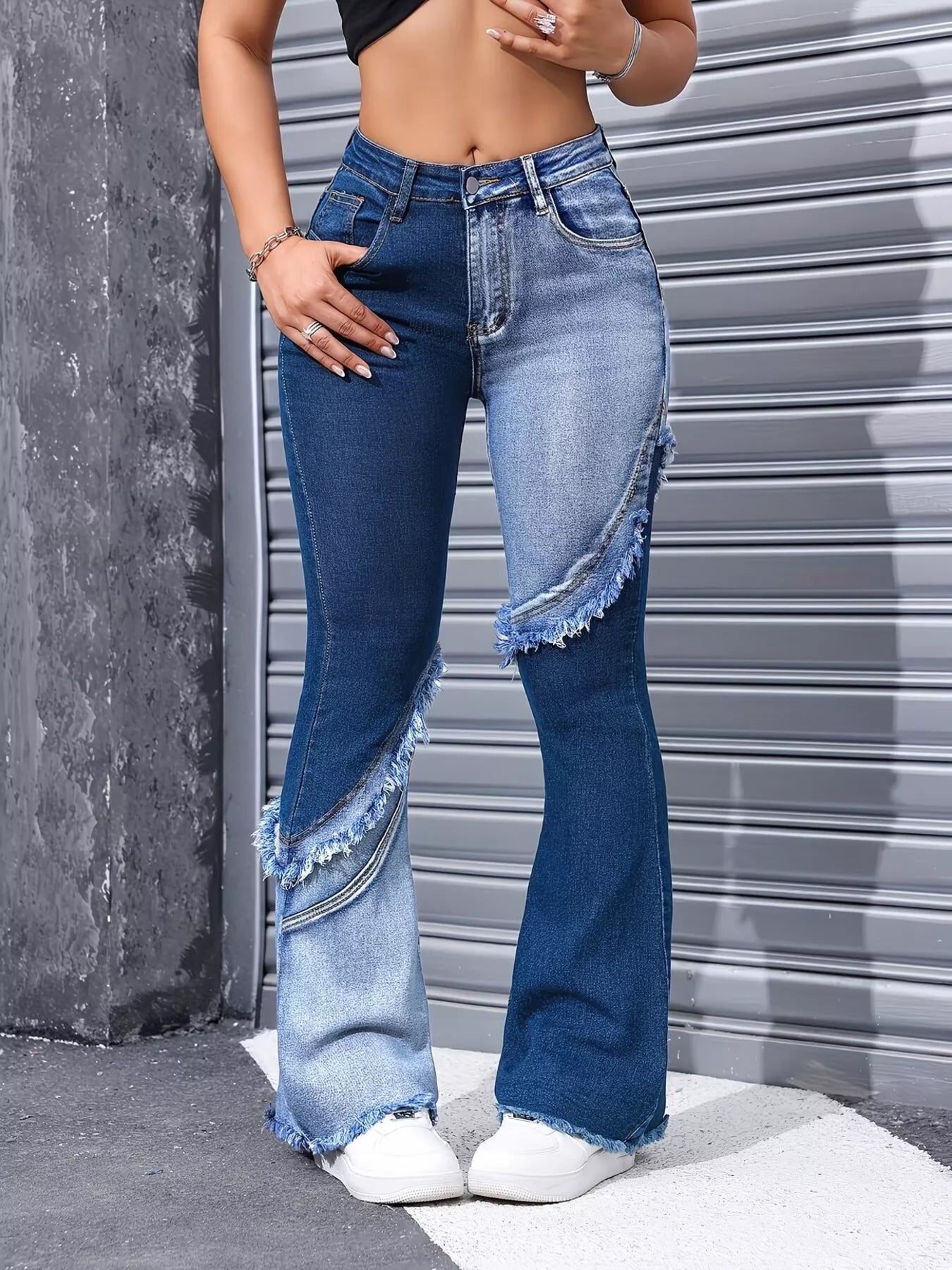 Two Tone Frayed Hem Flare Jeans
