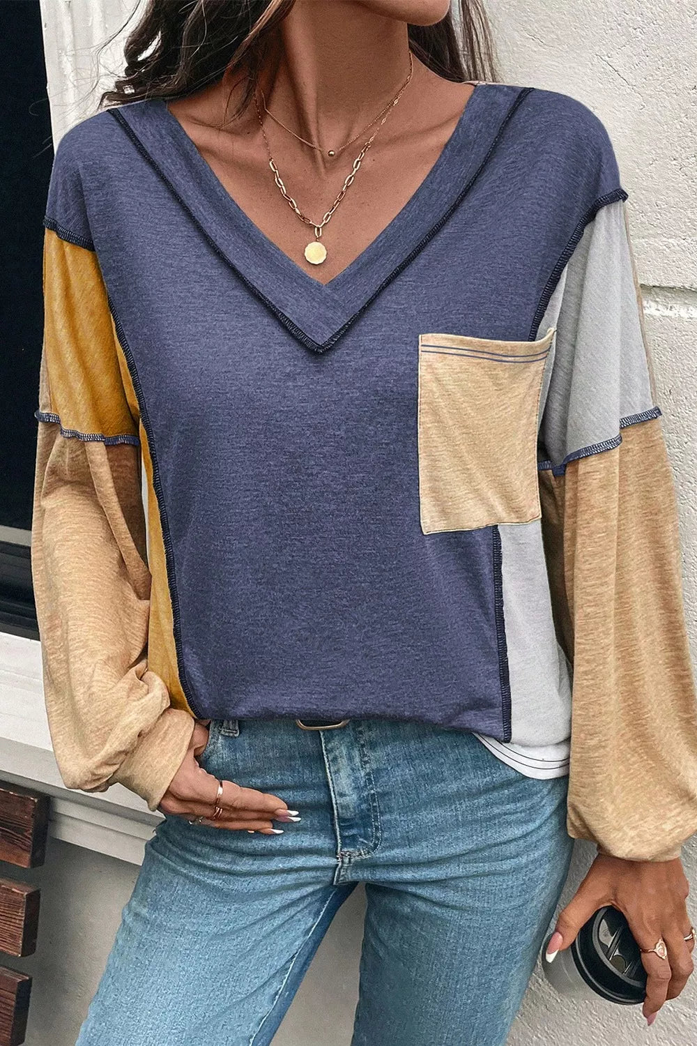 Color Block V-Neck Long Sleeve Blouse