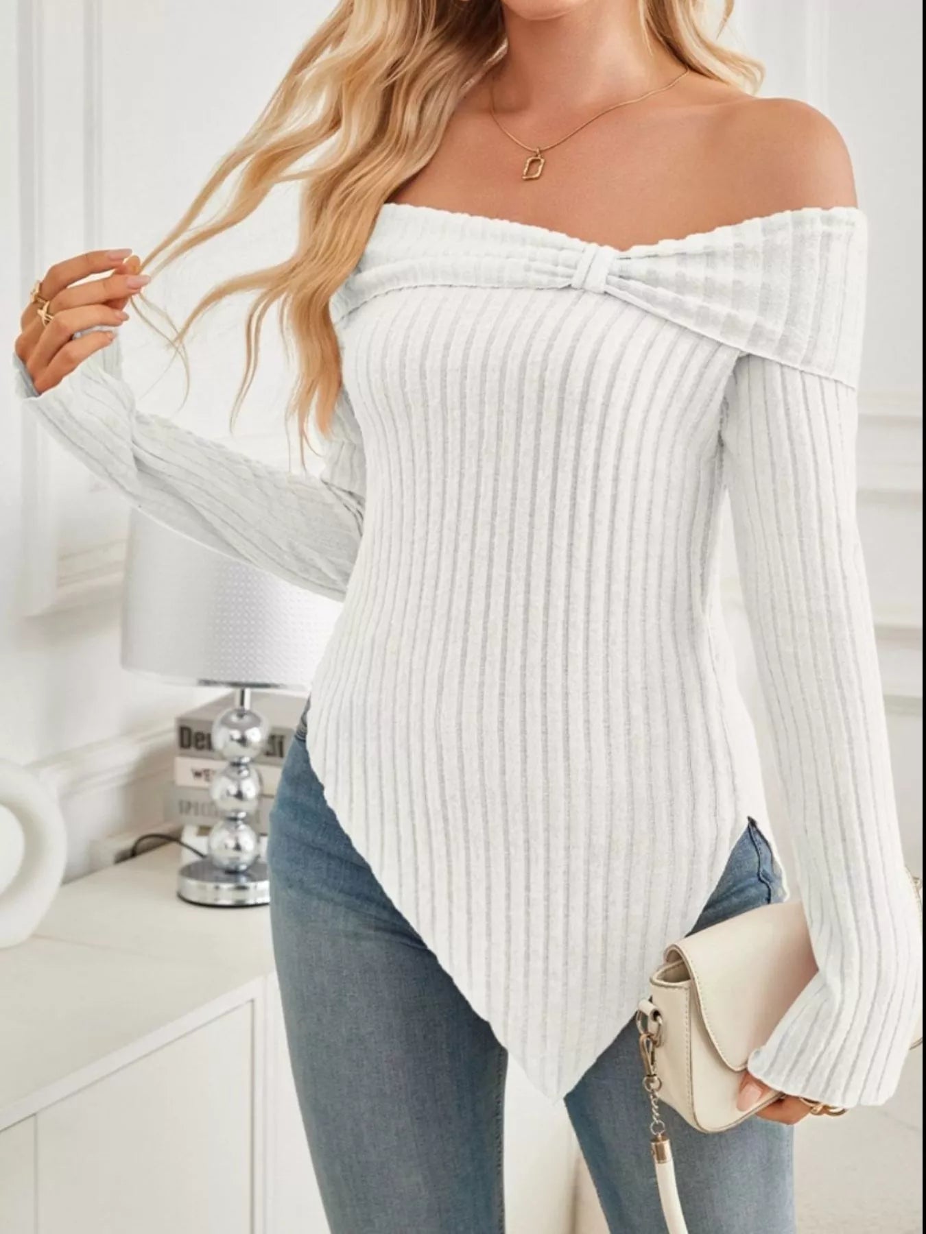Off-Shoulder Ribbed Knit T-Shirt
