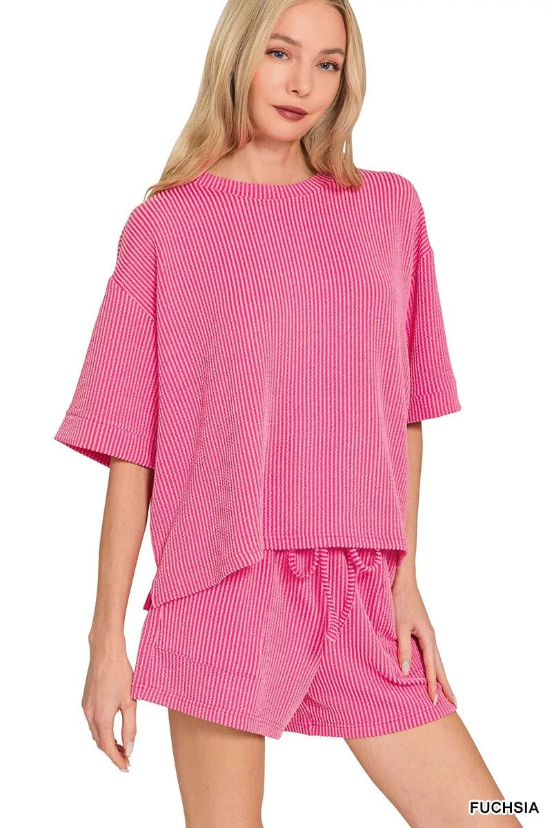 Zenana Raised Rib Short Sleeve Tee and Drawstring Shorts Set