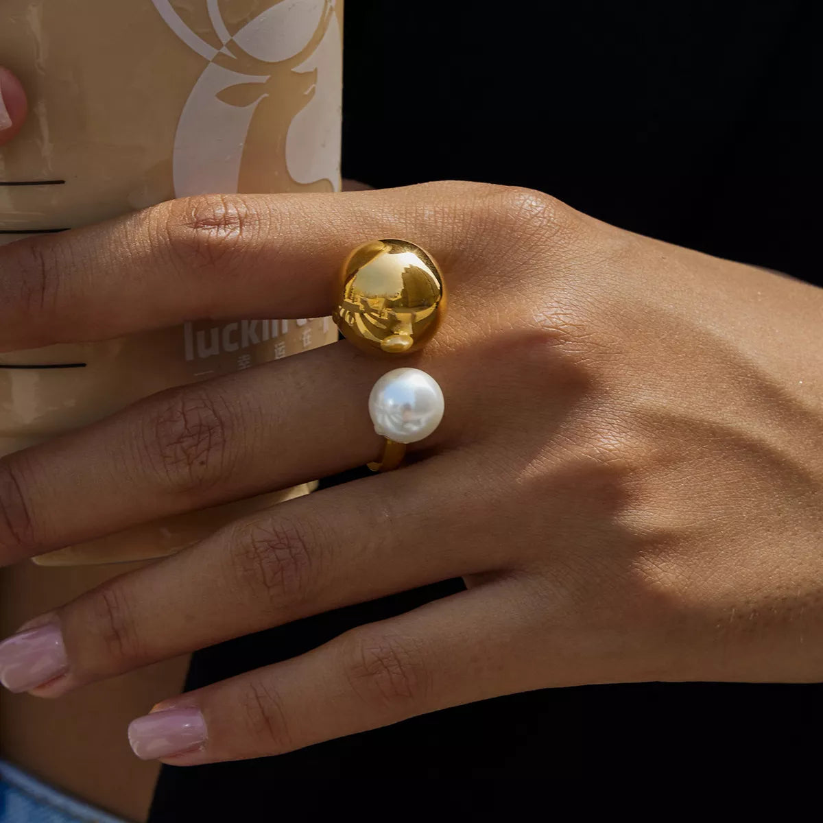18K Gold-Plated Orb & Pearl Open Ring