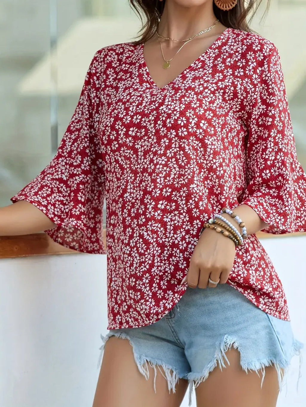 Floral Print V-Neck Bell Sleeve Blouse