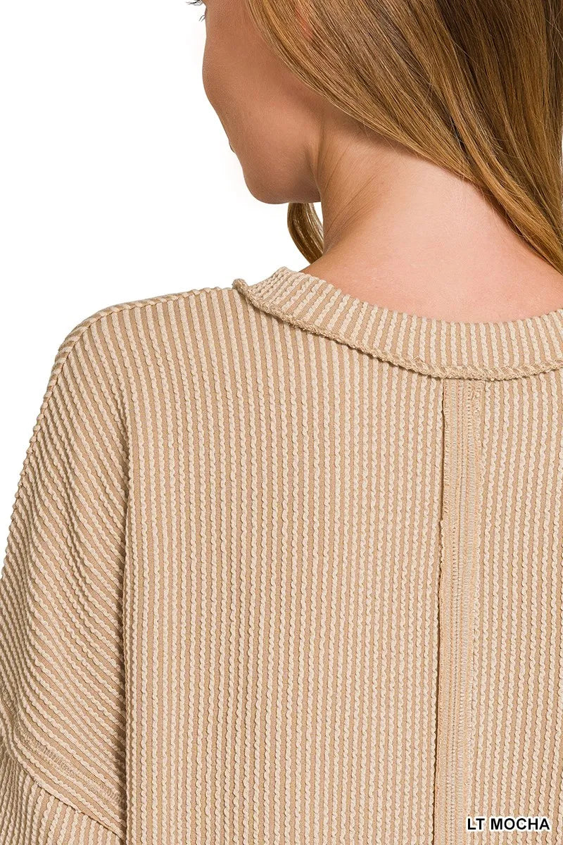 Zenana Long Sleeve Drop Shoulder Rib Top