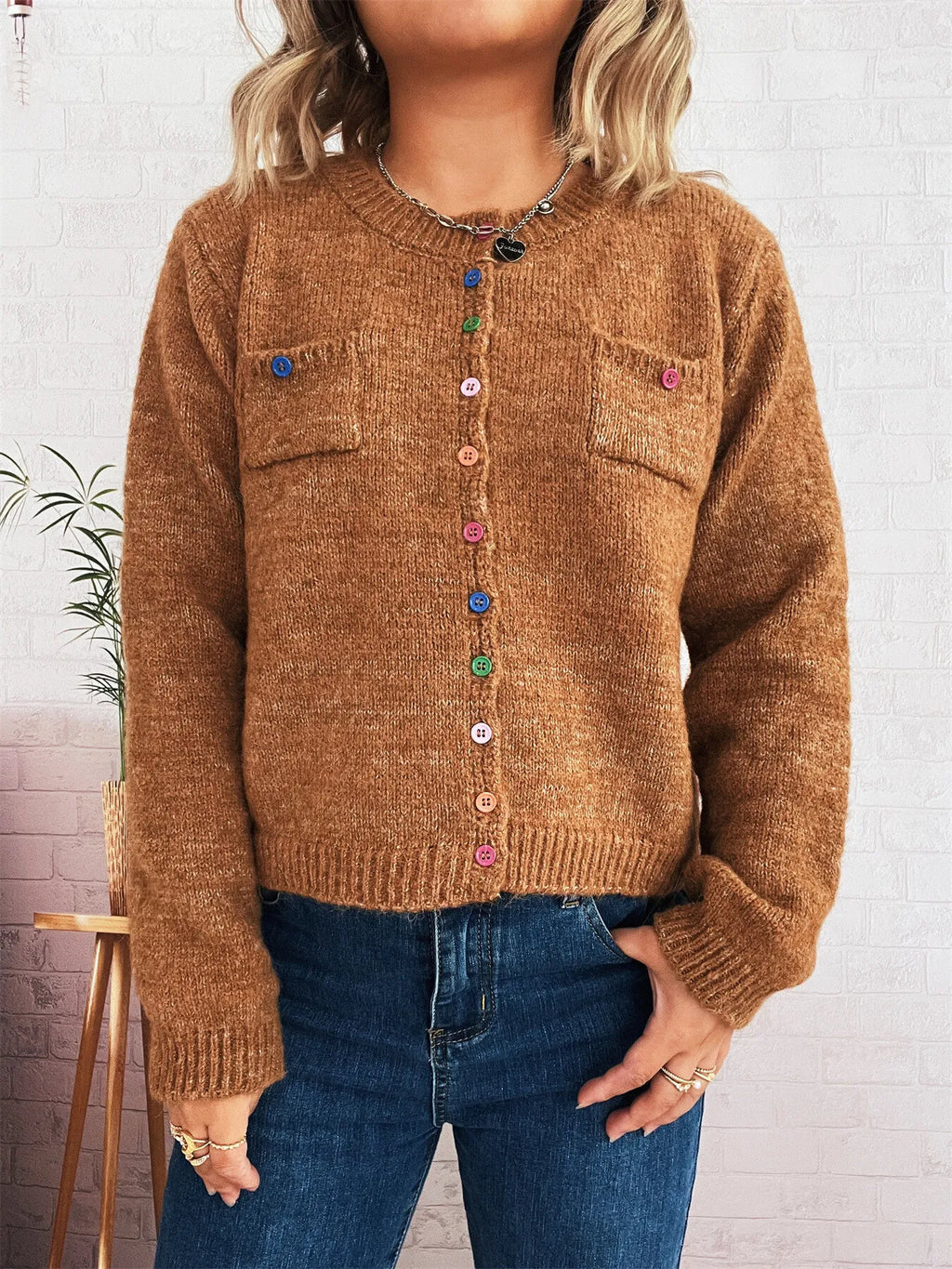 Button-Up Ribbed Hem Cardigan with Chest Pocket