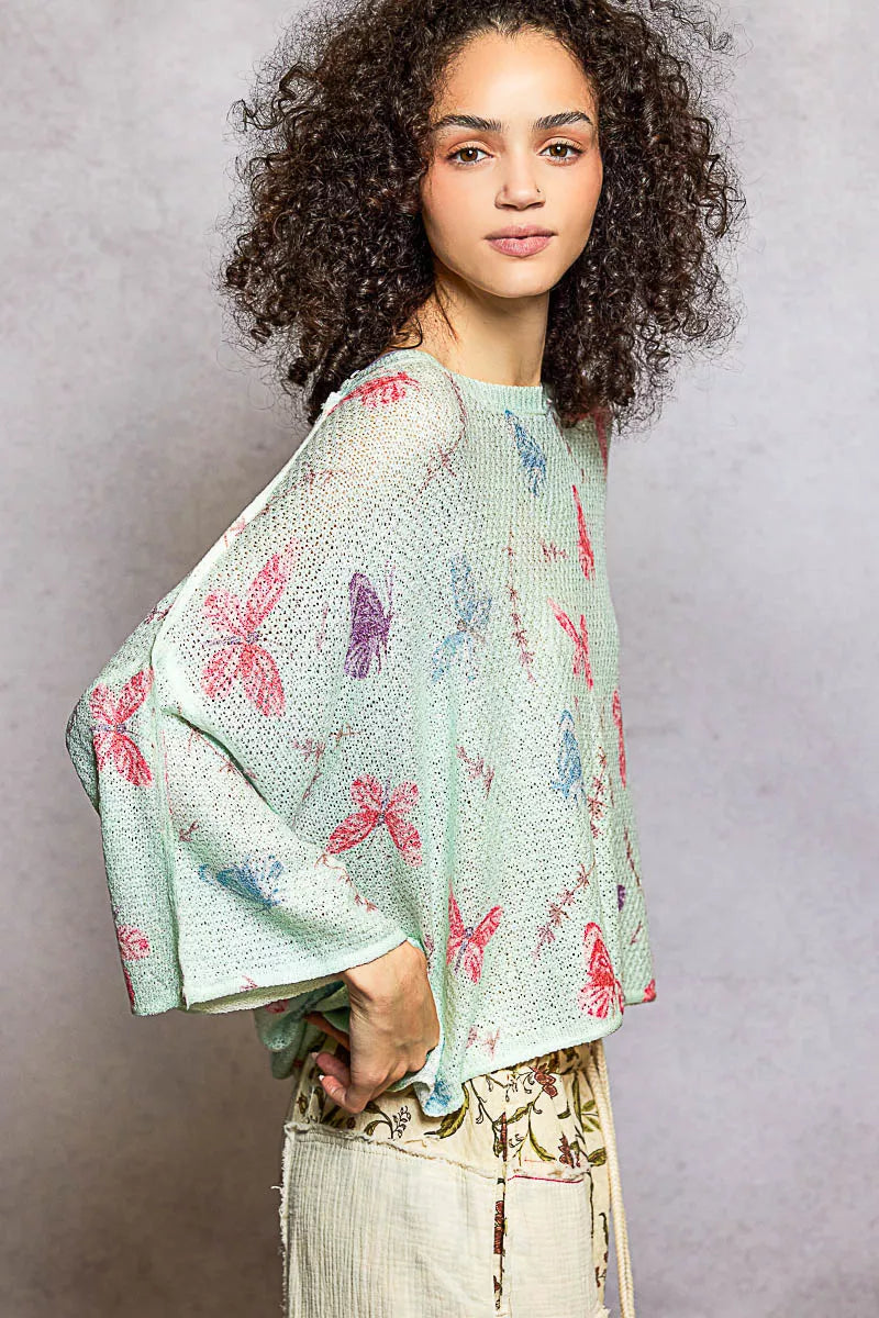 POL Butterflies Pattern Round Neck knit Top with Outseam Rolling Edge