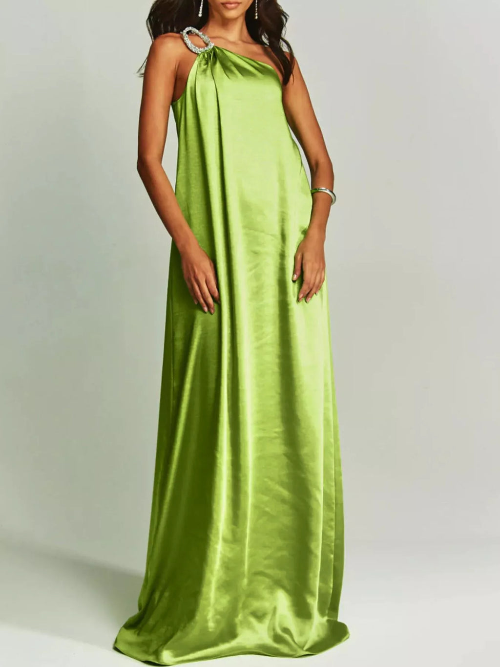 One-Shoulder Rhinestone Satin Maxi Dress