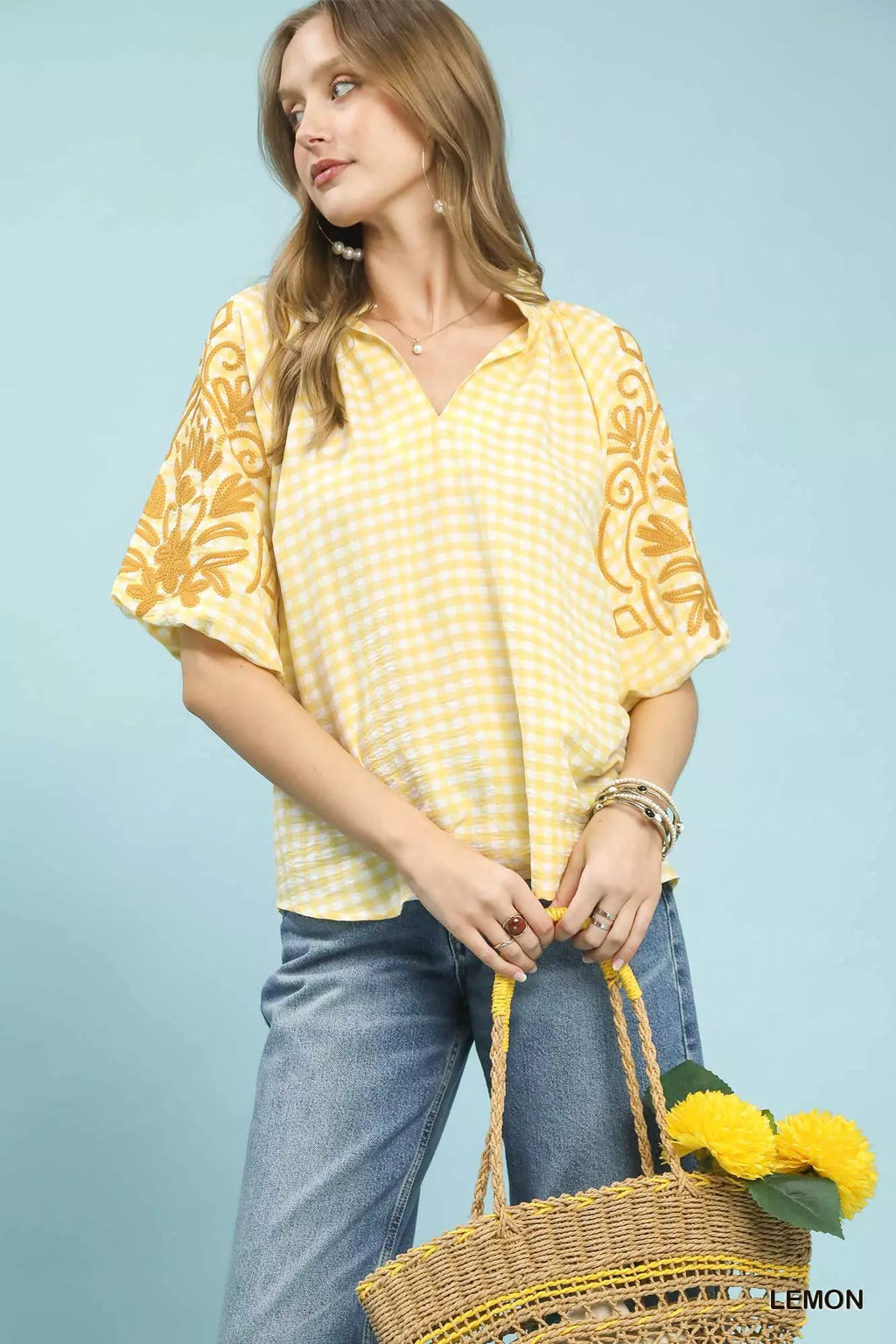Umgee Gingham Embroidered Balloon Sleeve Top