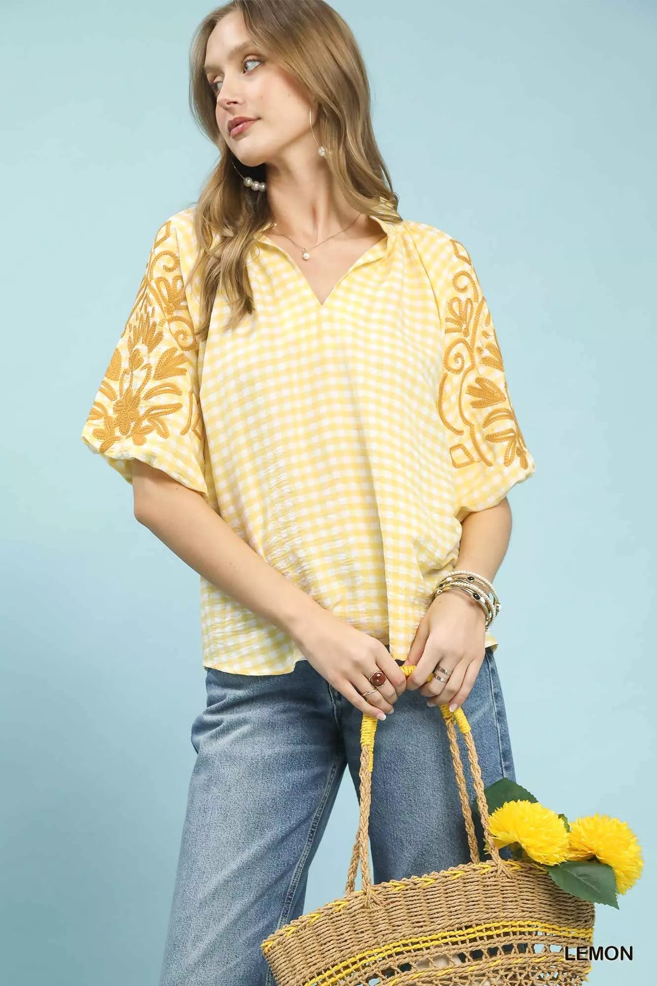 Umgee Gingham Embroidered Balloon Sleeve Top