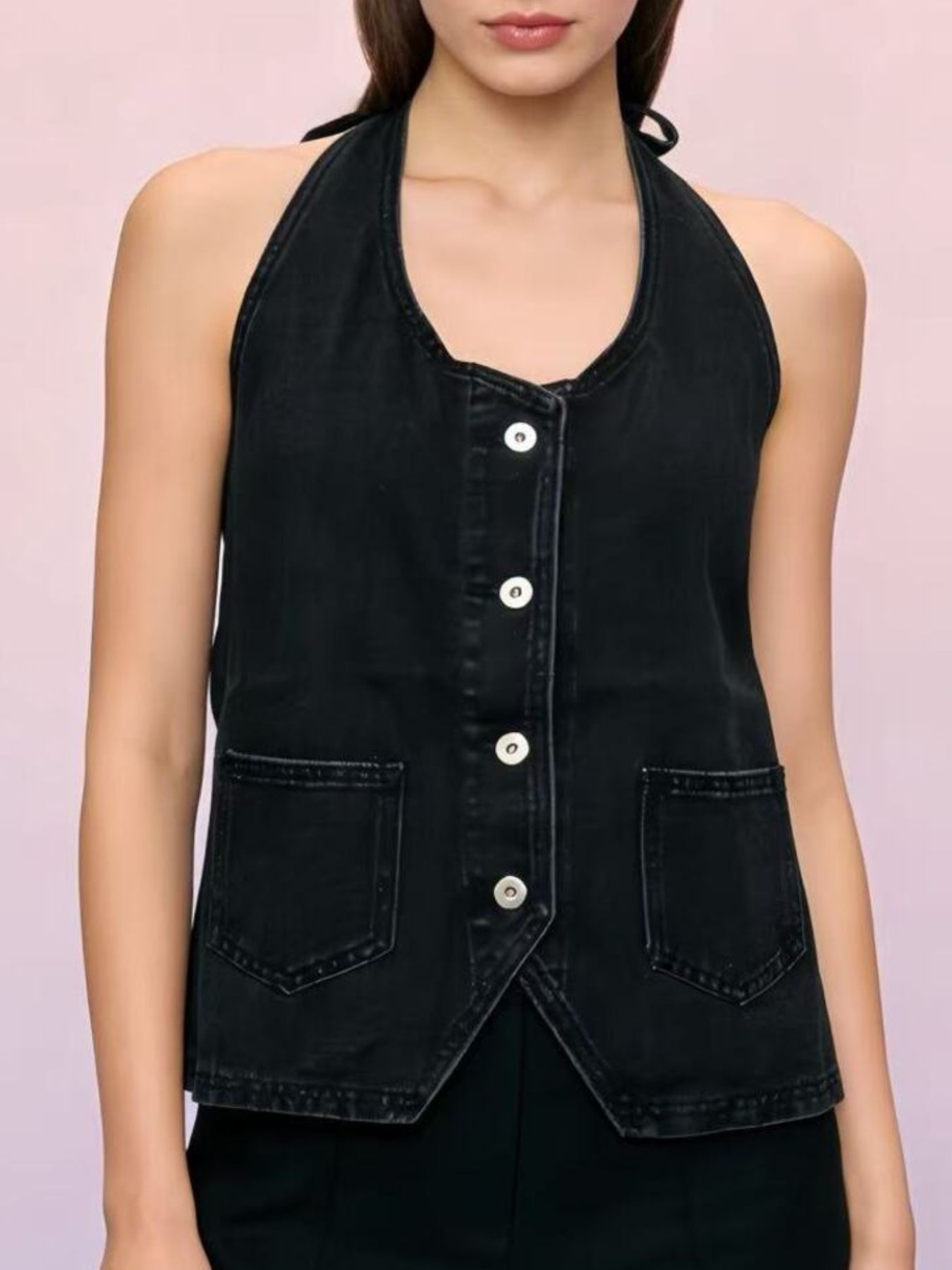 Halter Neck Button-Down Denim Vest
