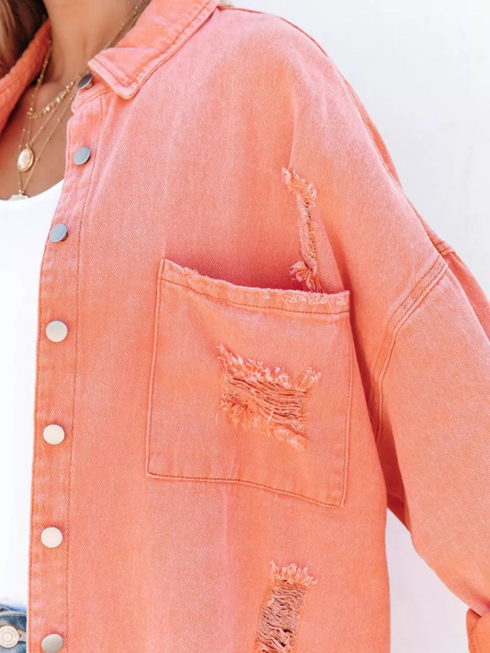 Raw Hem Button Up Denim Shacket