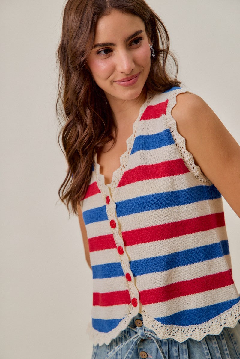 SO ME Fourth Of July Stripe Button Down Vest Top