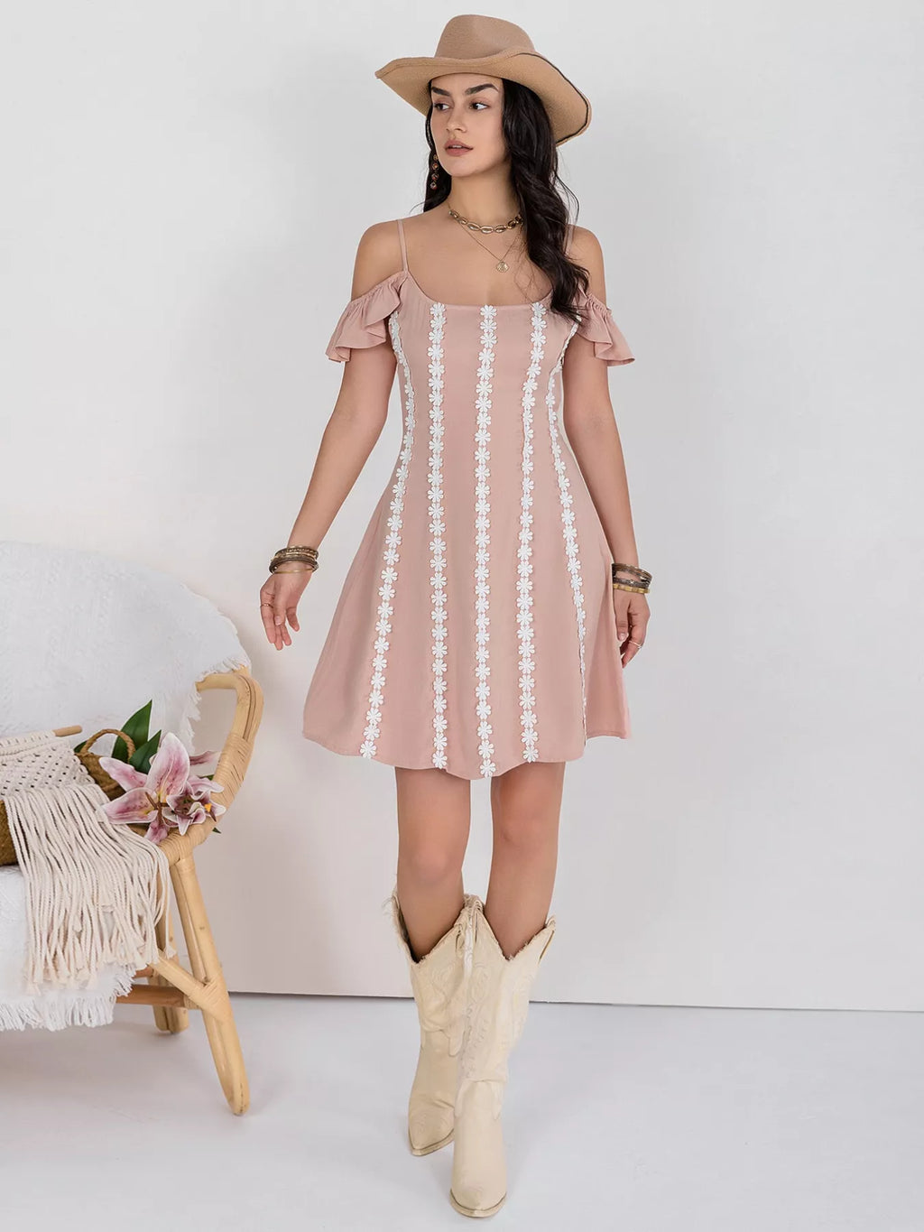 Floral Lace Trim Cold Shoulder A-Line Dress