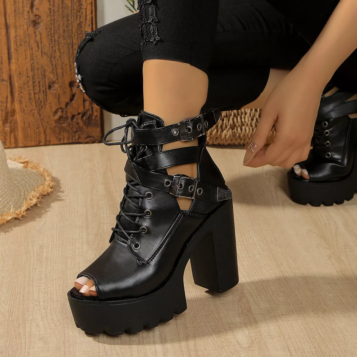 Lace Up Block Heels Sandals