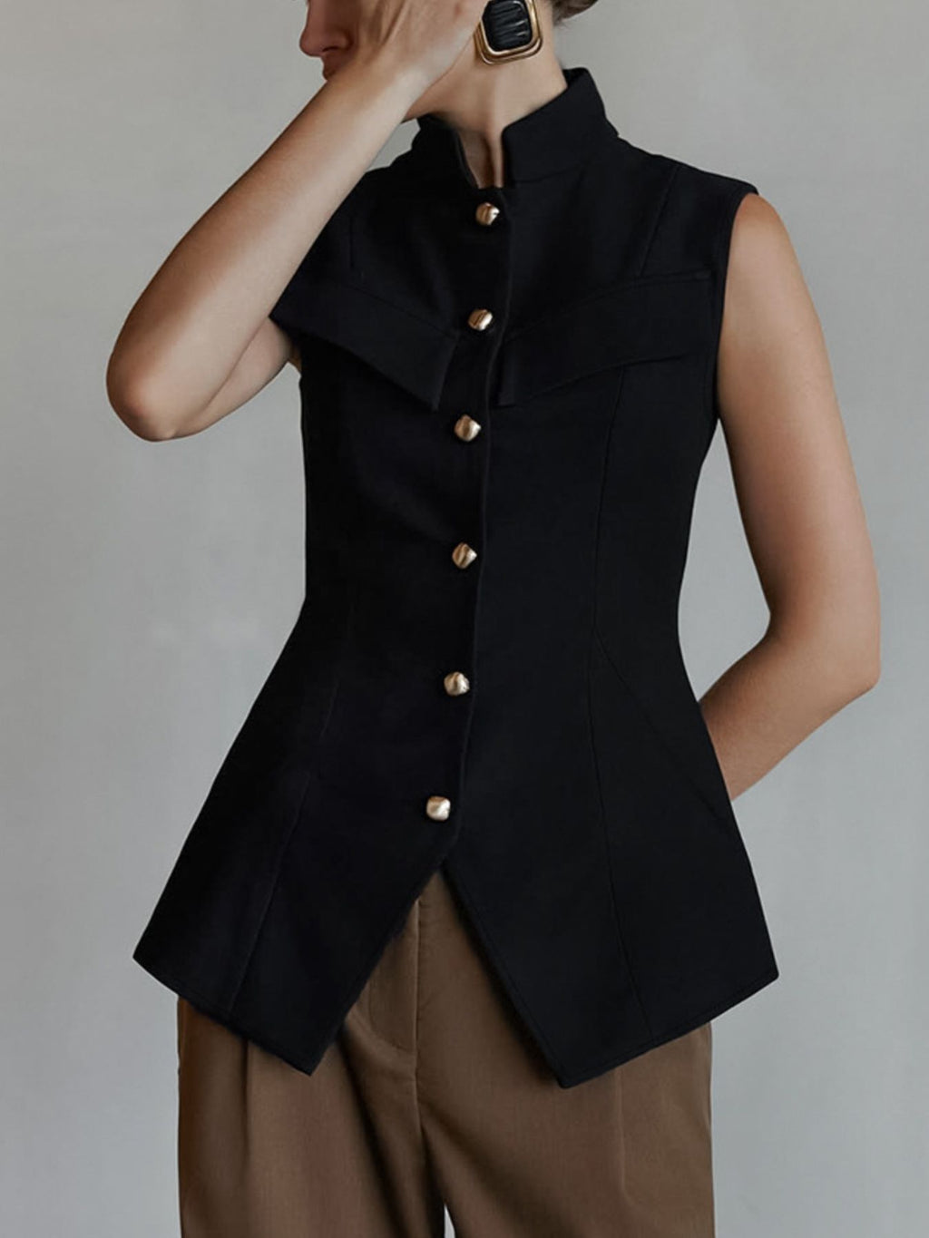 Stand Collar Button-Down Vest Coat