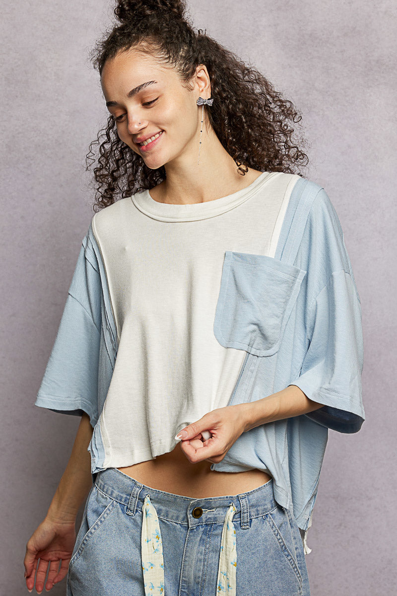 POL Color Block Patchwork Cropped T-Shirt