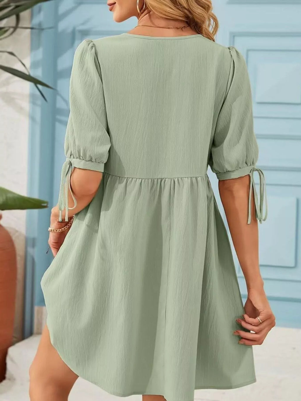 Tie-Neck Puff Sleeve A-Line Mini Dress