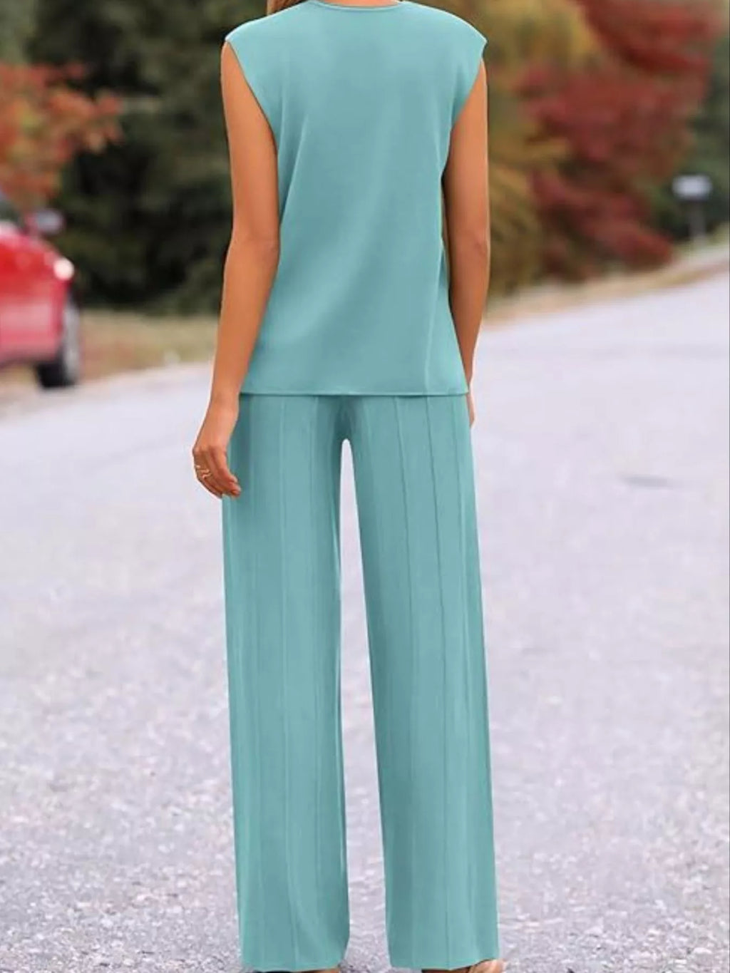 Casual Solid Color Cap Sleeve Top and Pants Knit Set