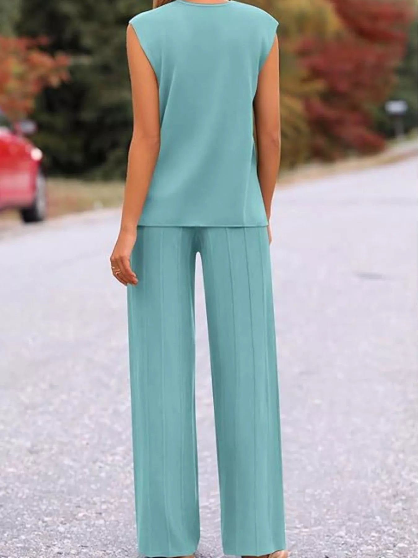 Casual Solid Color Cap Sleeve Top and Pants Knit Set