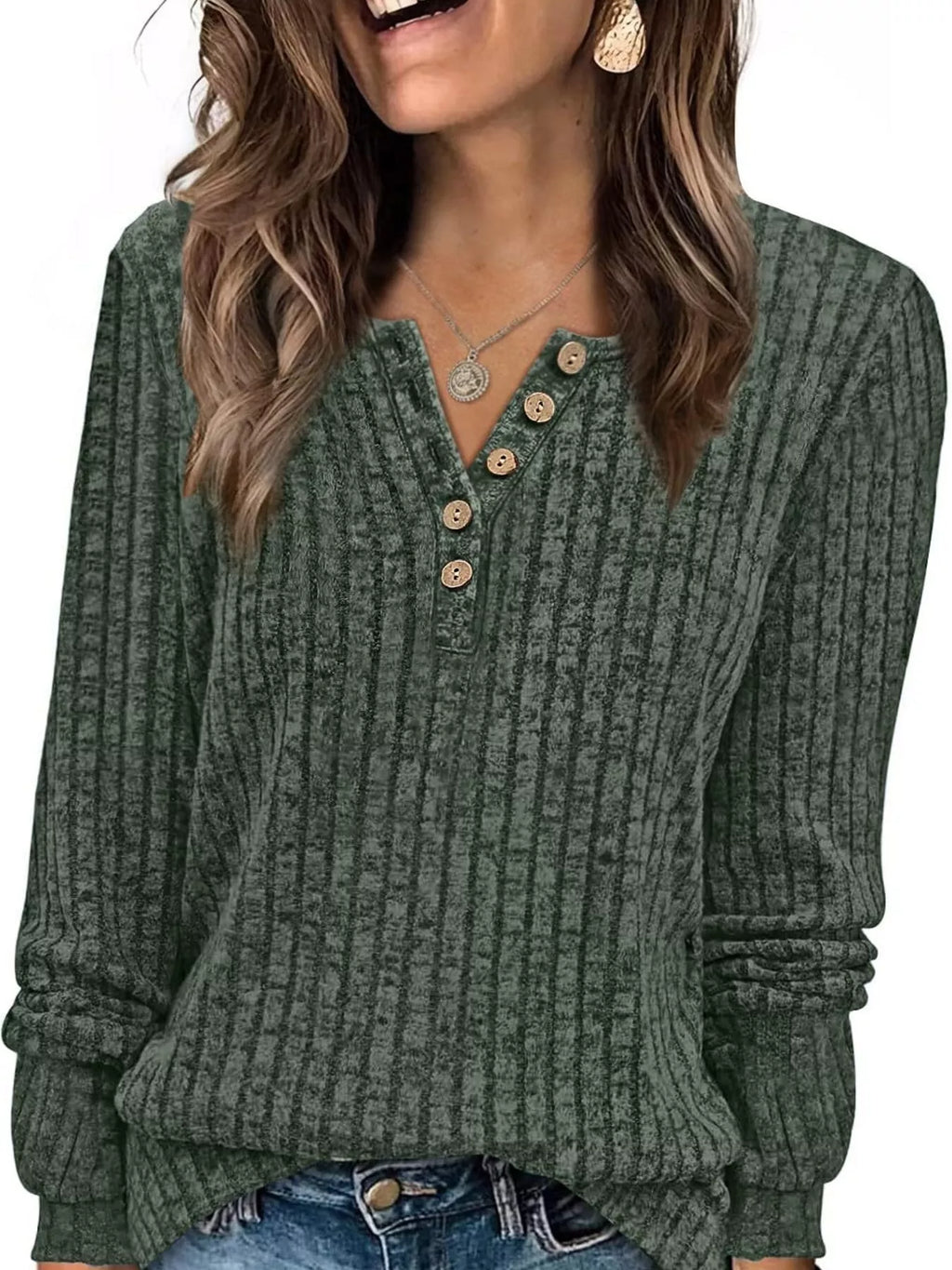 Ribbed Knit Button-Front Long Sleeve T-Shirt