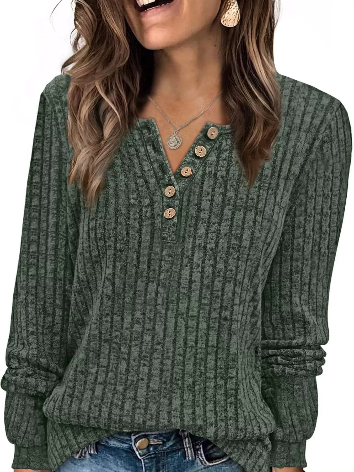 Ribbed Knit Button-Front Long Sleeve T-Shirt