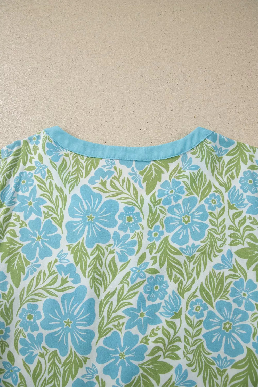 Floral Print Ruffled Color Block Trim Half Sleeve Blouse