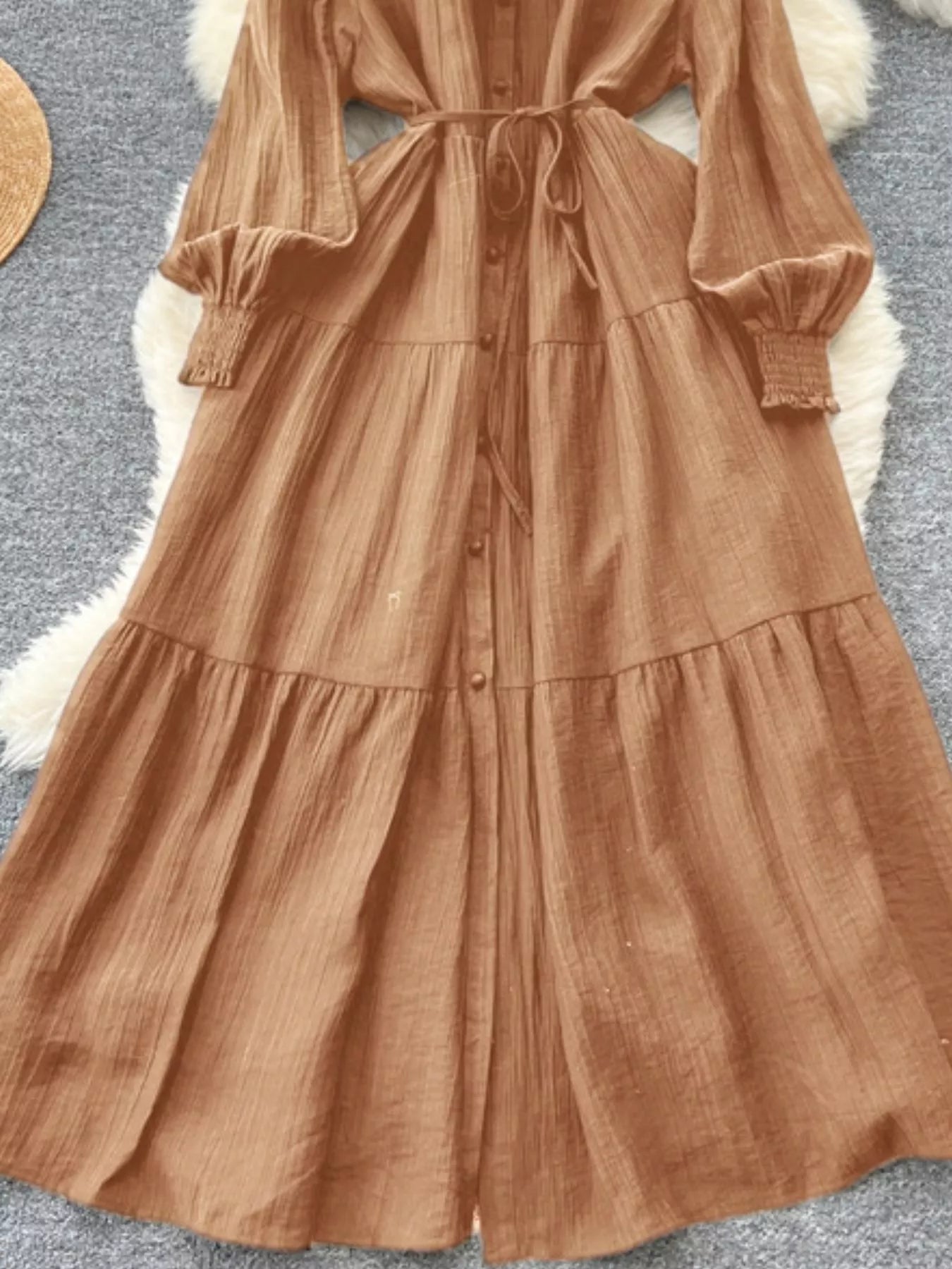 Button Down Tiered Long Sleeve Dress