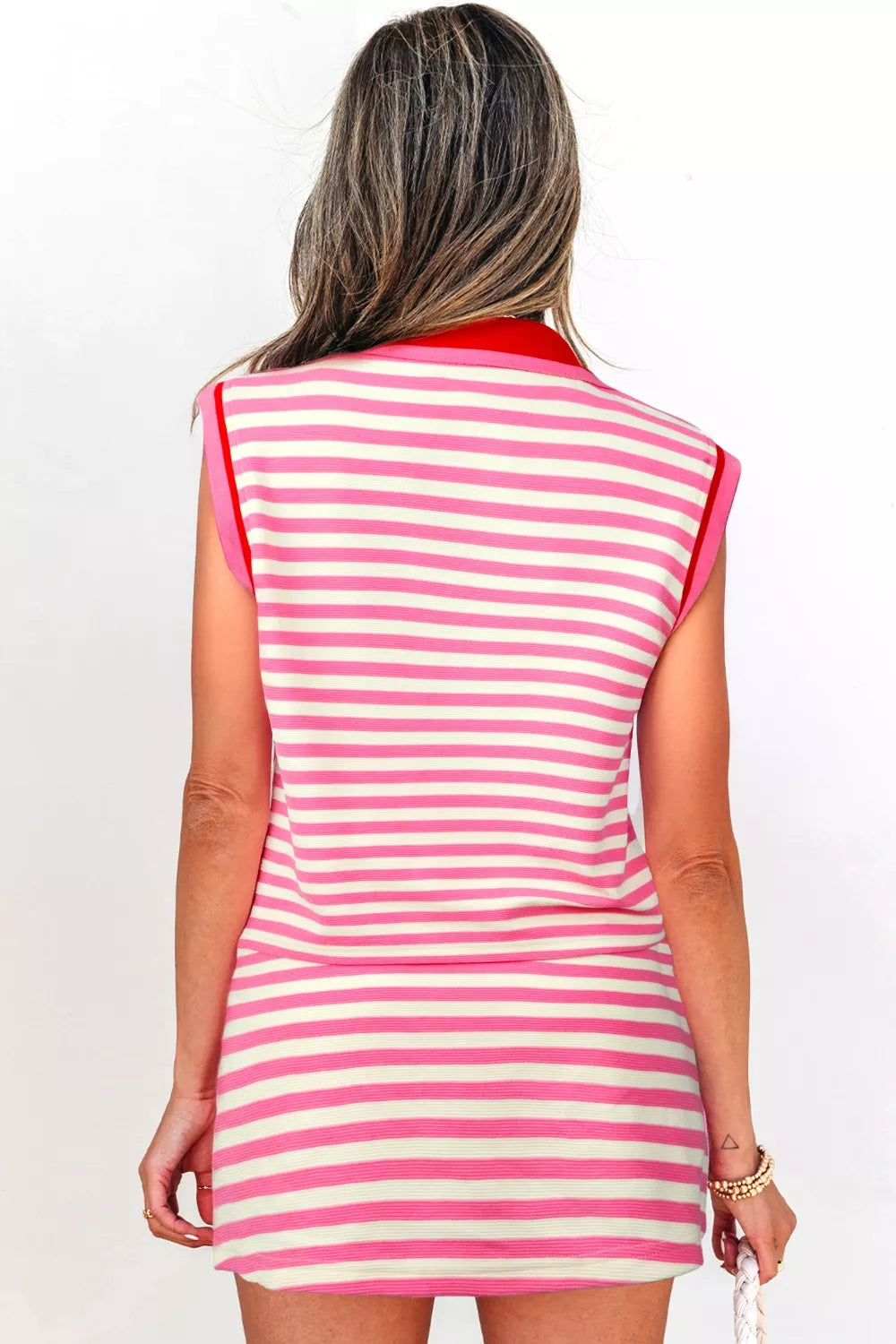 Half Zip Striped Sleeveless Top and Skirt Set