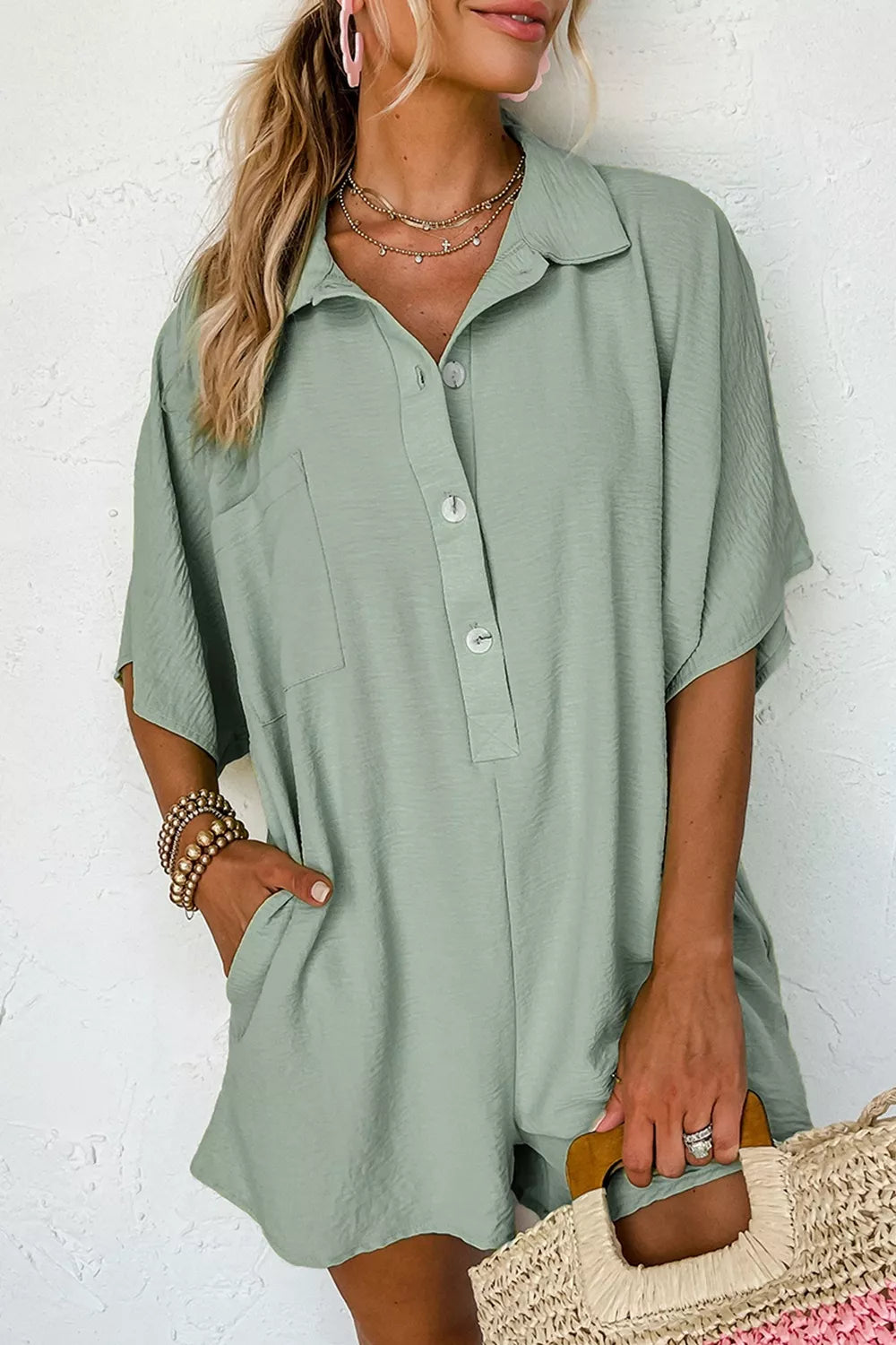 Button Detail Half Sleeve Romper
