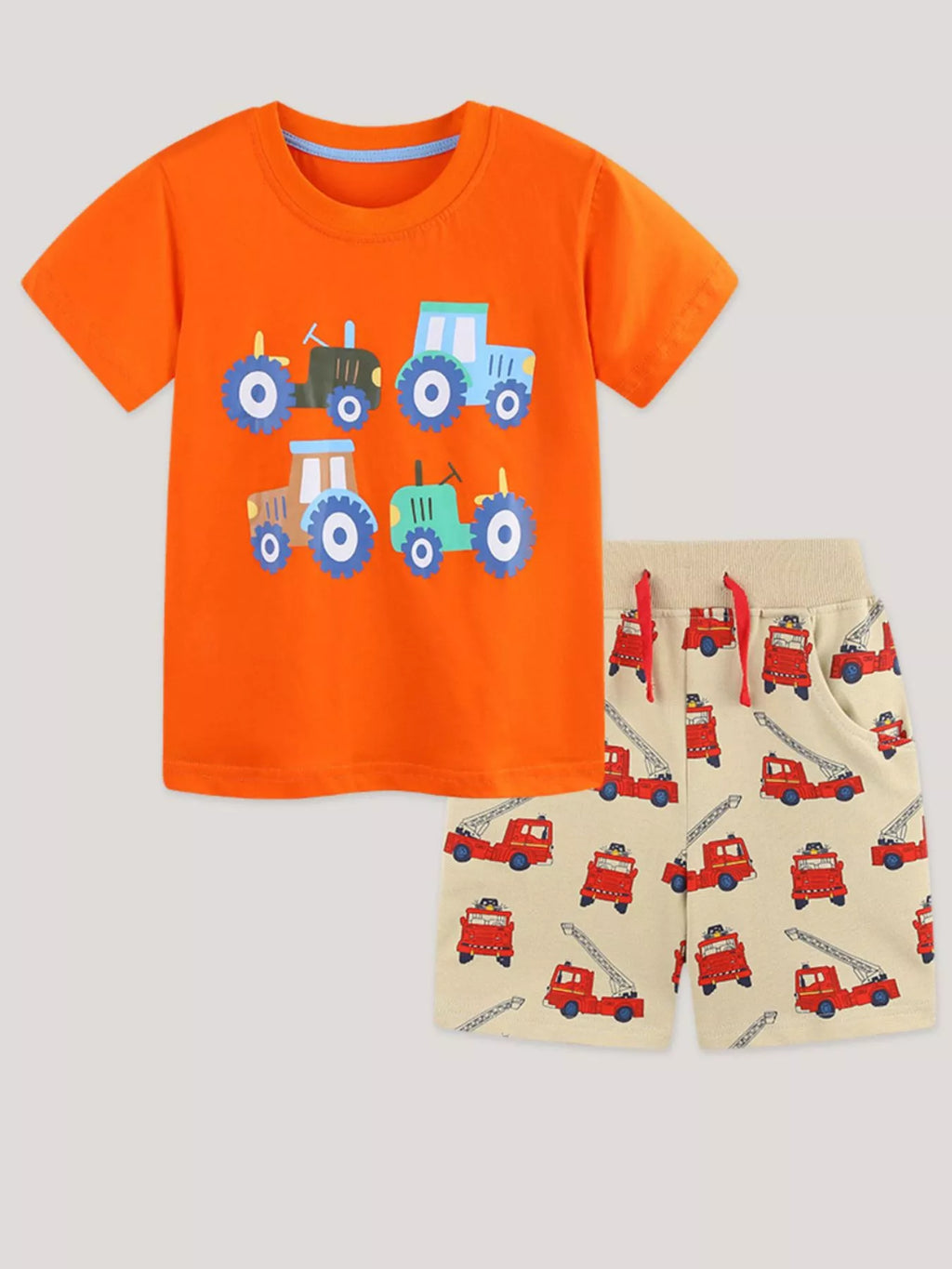 Children's Tractor & Firetruck Print Casual Tee and Shorts Set