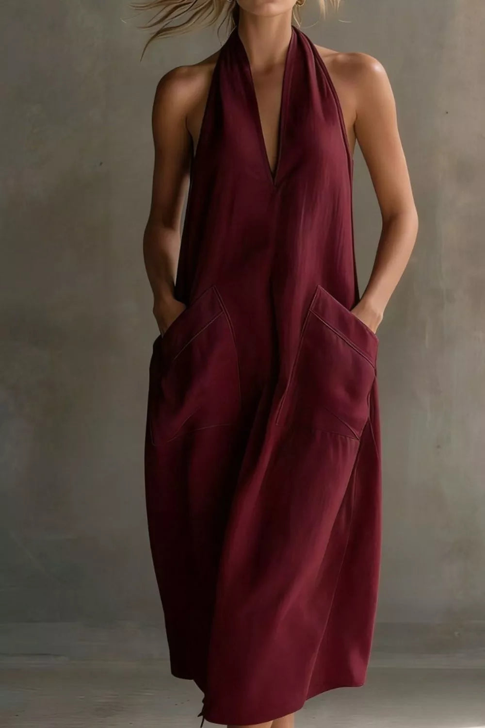 Casual Halter Neck Pocket Midi Dress