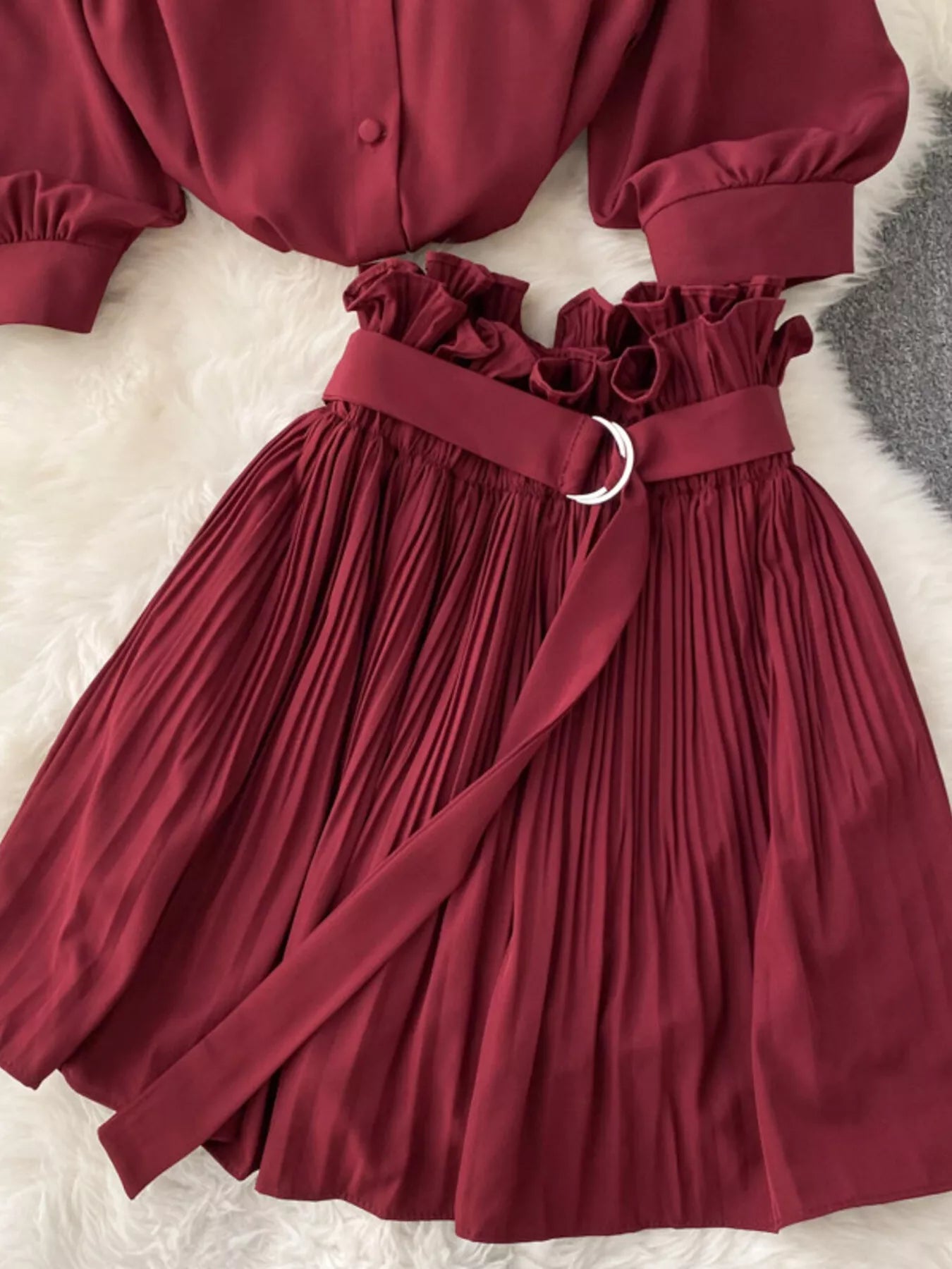 Puff Sleeve Shirt and Pleated Skirt Set