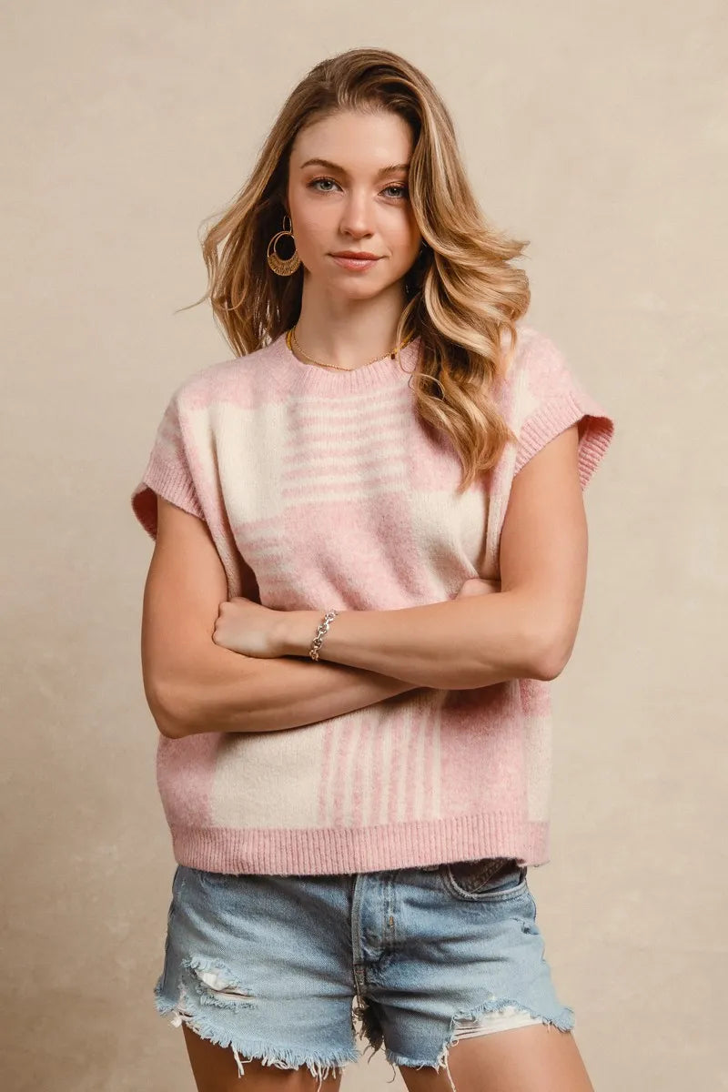BiBi Checker With Stripes Pattern Sleeveless Sweater