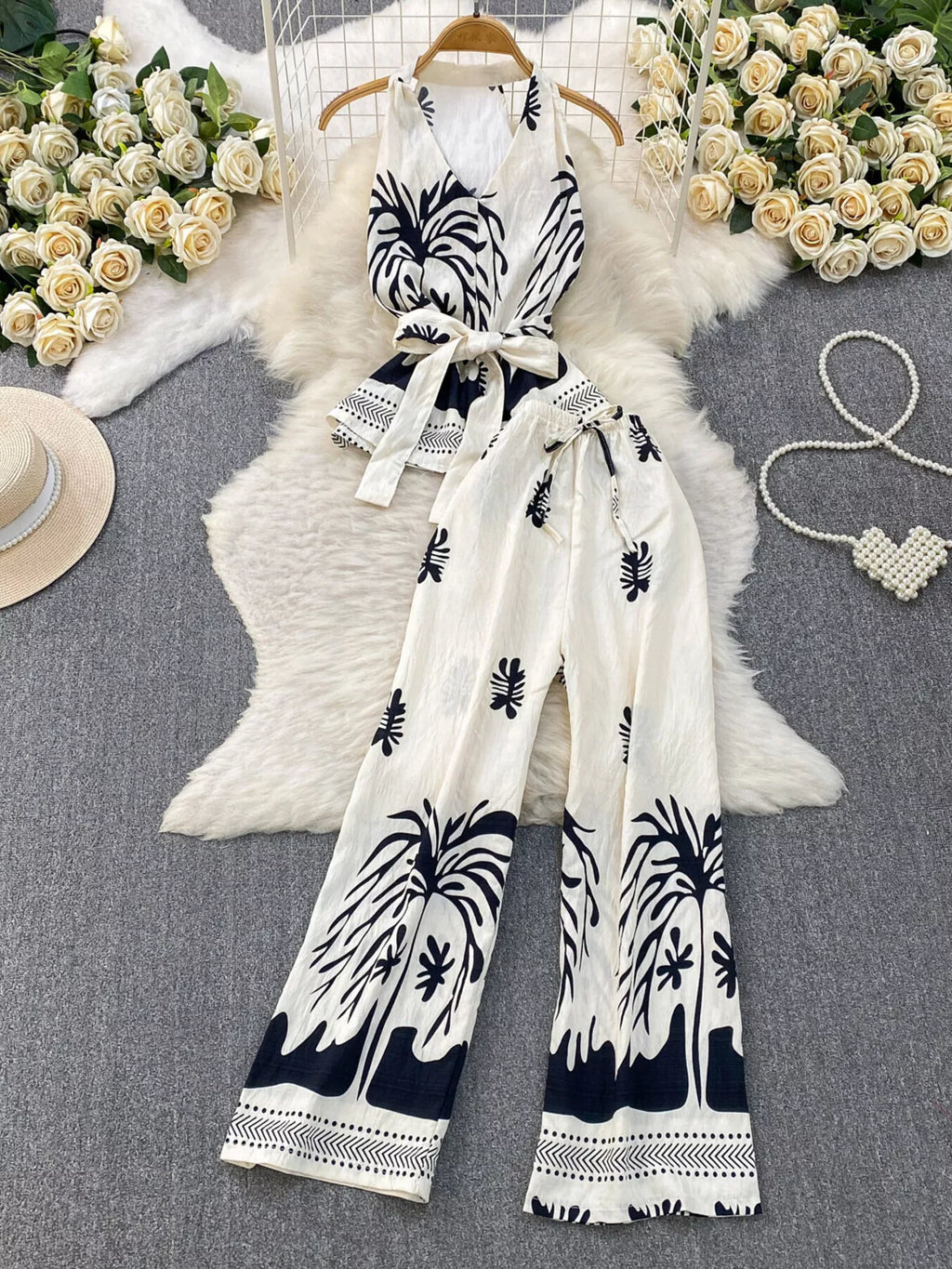 Printed Sleeveless Top and Wide Leg Pants Set