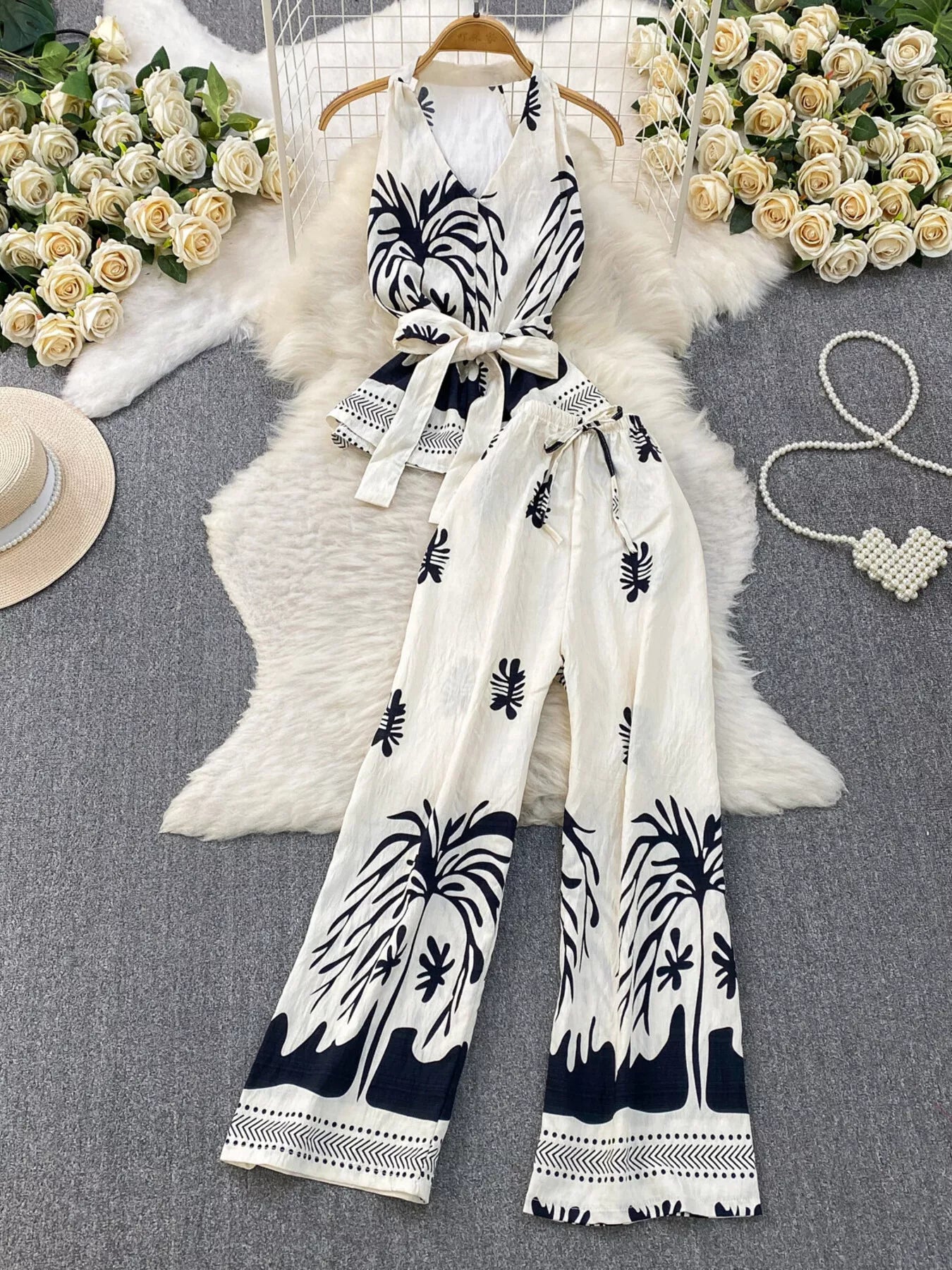 Printed Sleeveless Top and Wide Leg Pants Set