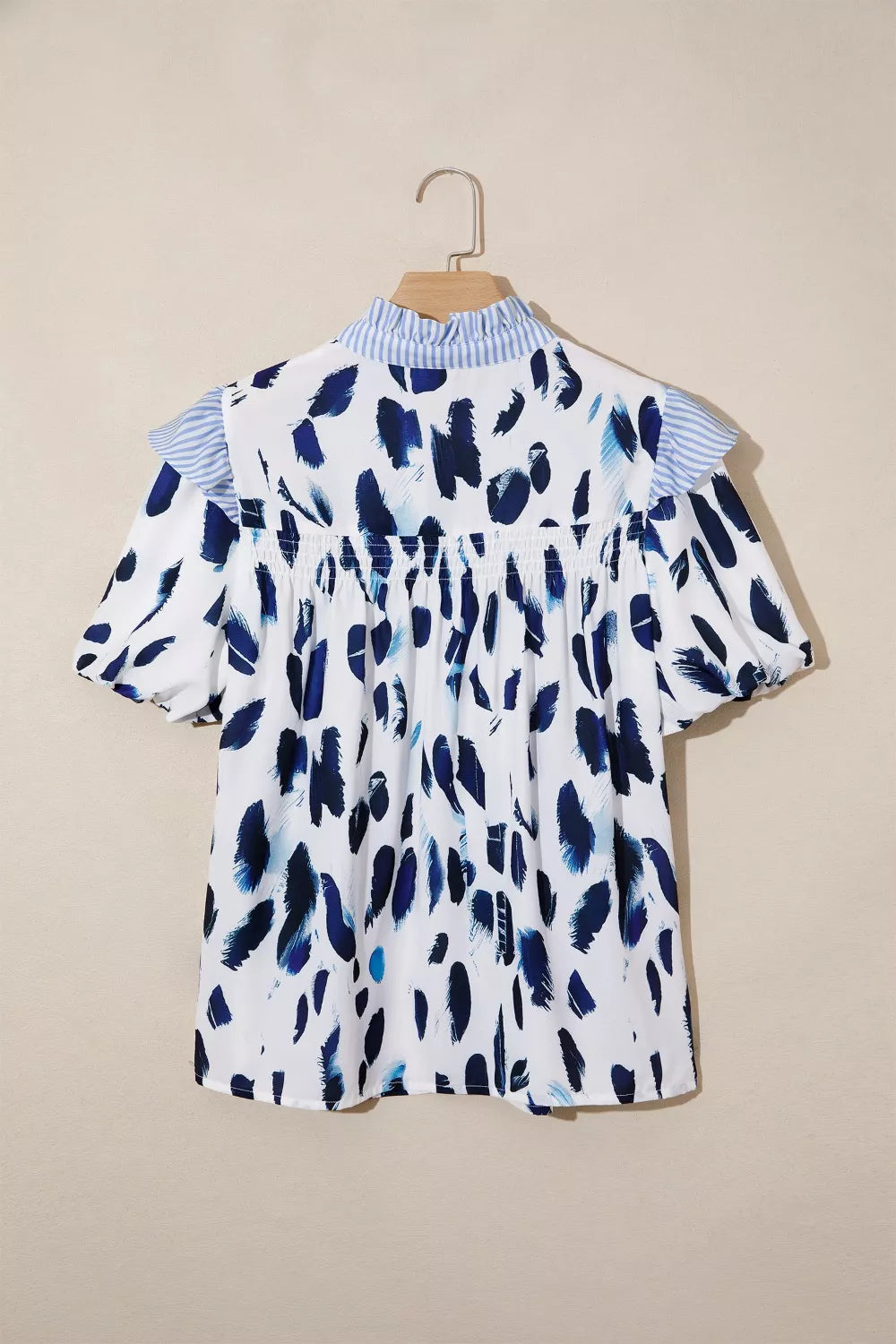 Abstract Animal Print Striped Ruffle Trim V Neck Blouse