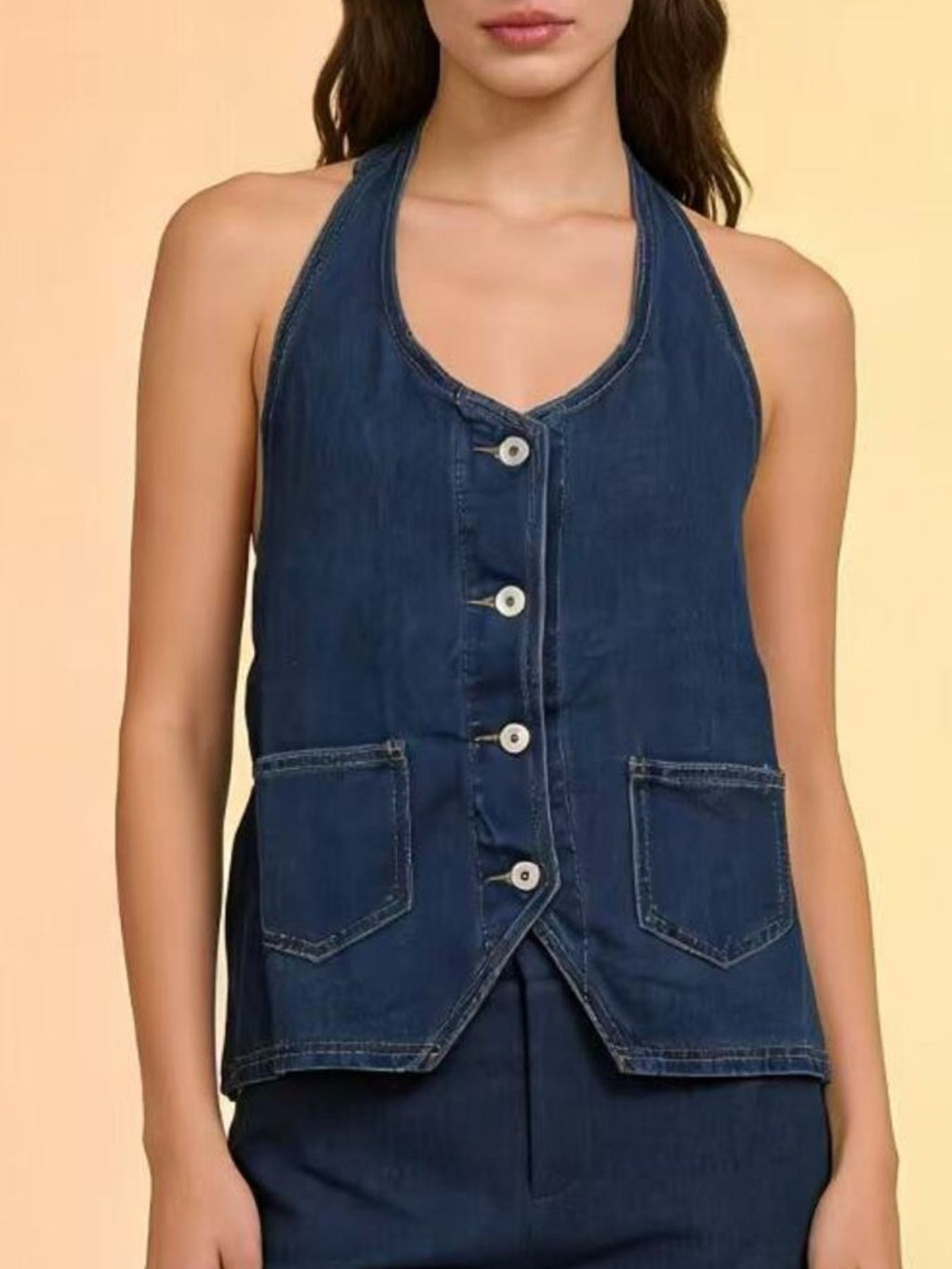 Halter Neck Button-Down Denim Vest