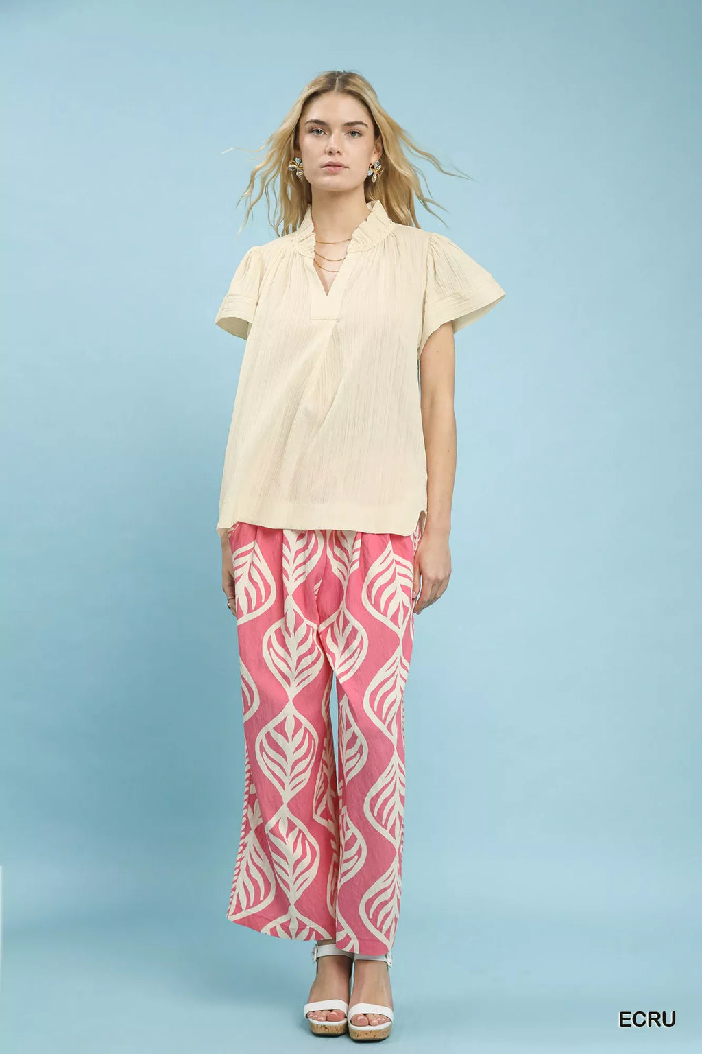 Umgee Texture Flutter Sleeve Notched Blouse