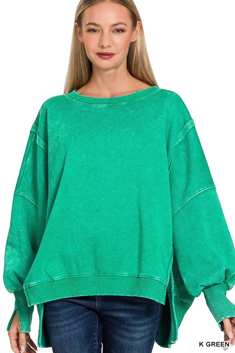 Zenana Acid Washed Batwing Sleeve Fleece Sweatshirt