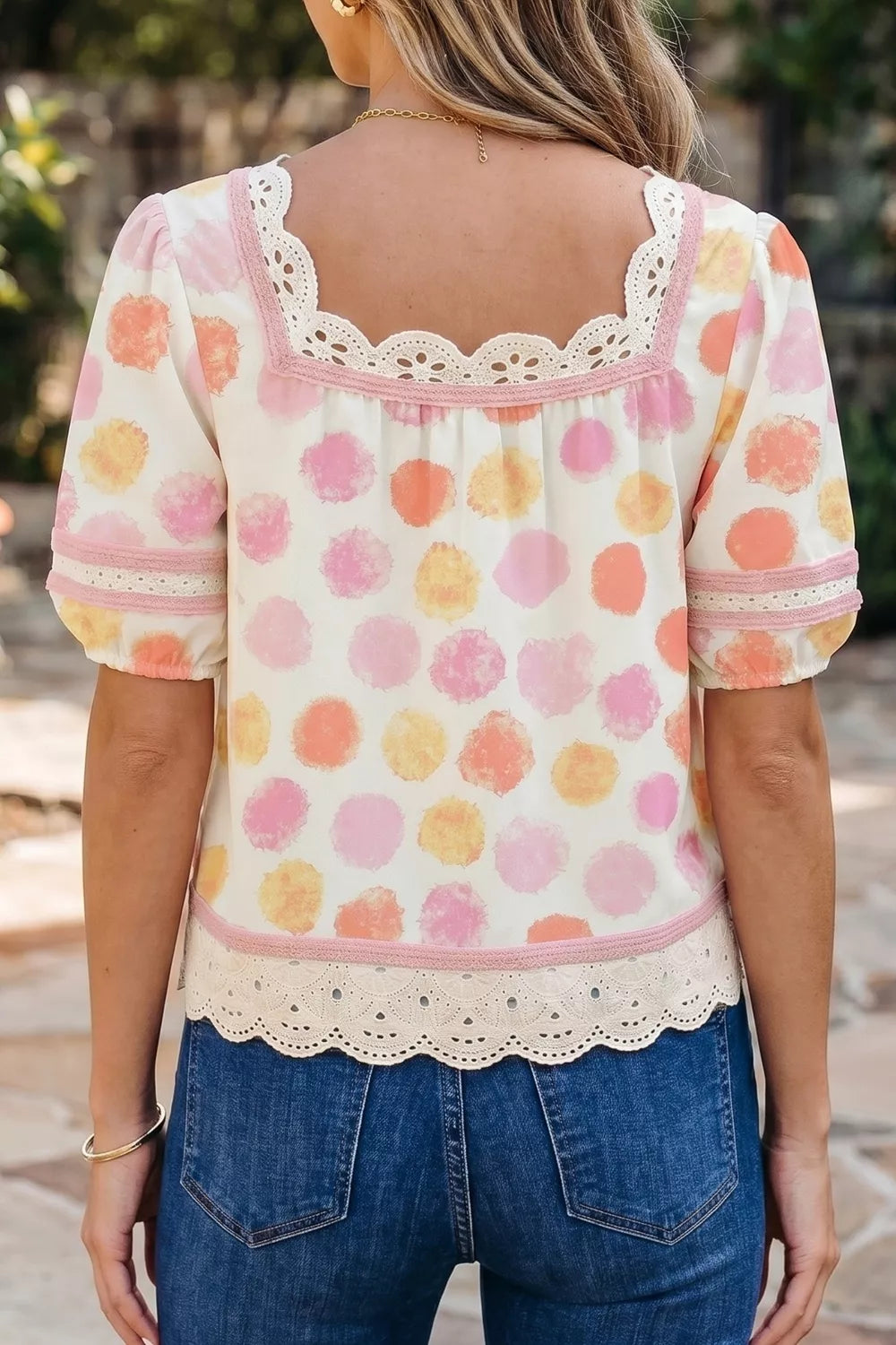 Polka Dot Lace Trim Square Neck Puff Sleeve Blouse