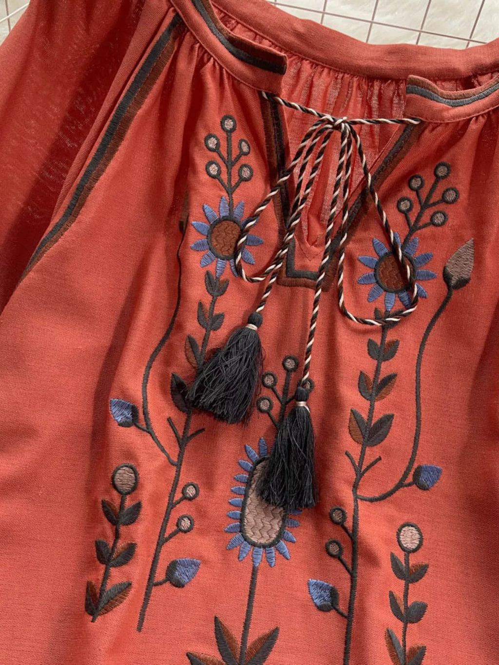 Embroidered Tie Neck Blouse