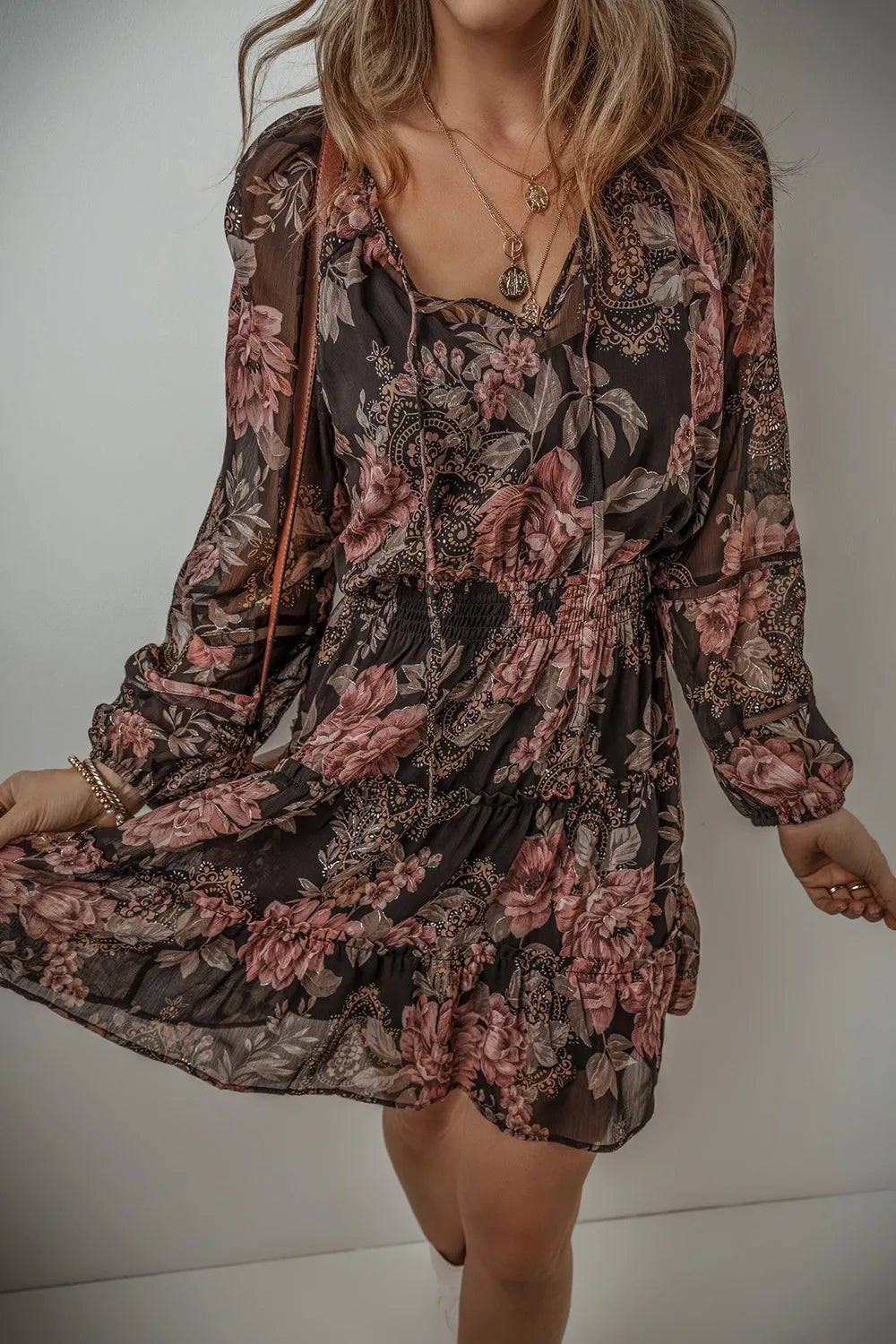 Floral Print Tie Neck Mini Dress