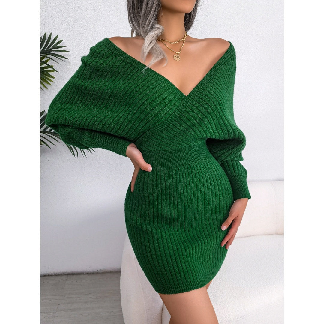 Cross V-Neck Bat-Sleeve Hairy Dress – Autumn/Winter