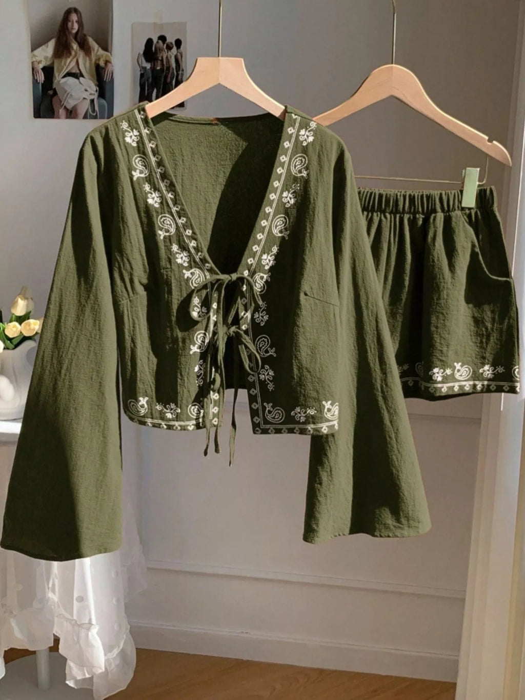 Embroidered Tie-Front Top & Shorts Set