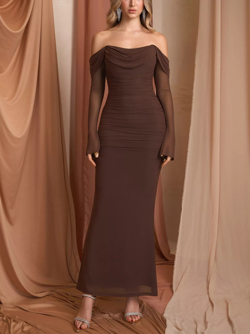 Off-Shoulder Ruched Mermaid Maxi Dress