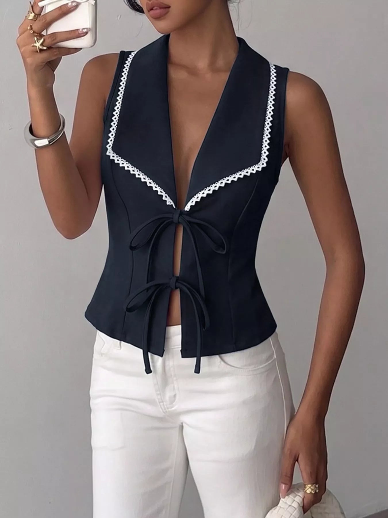 Lace Trim Tie-Front Vest