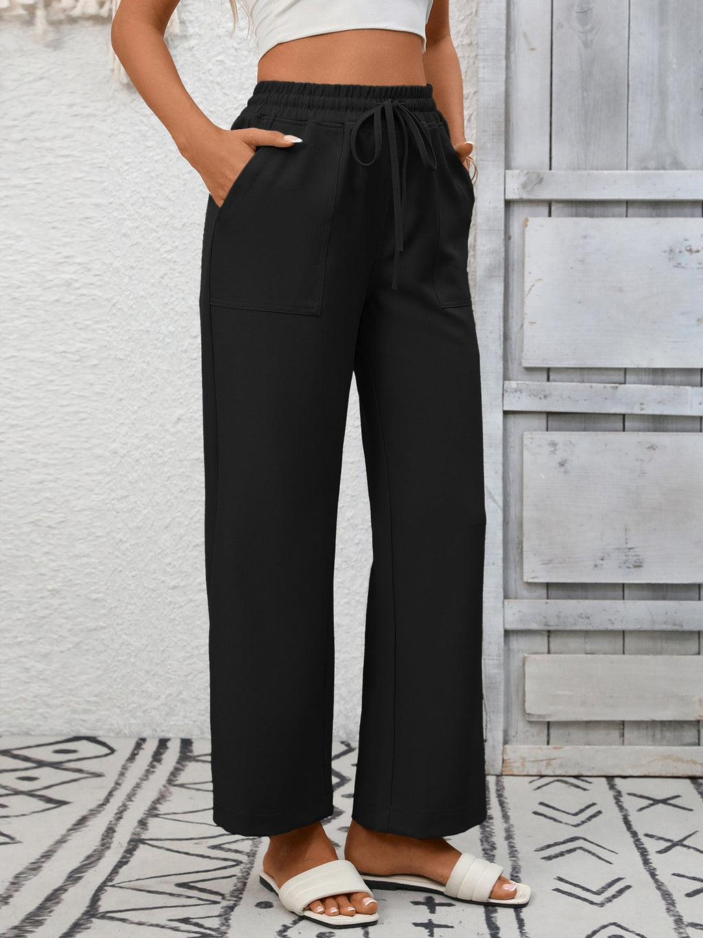 Casual Drawstring Wide Leg Pants
