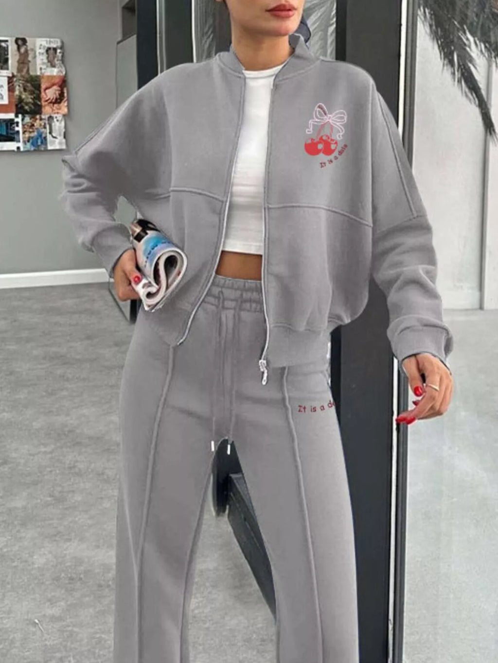 Zip Up Dropped Shoulder Outerwear and Pants Set