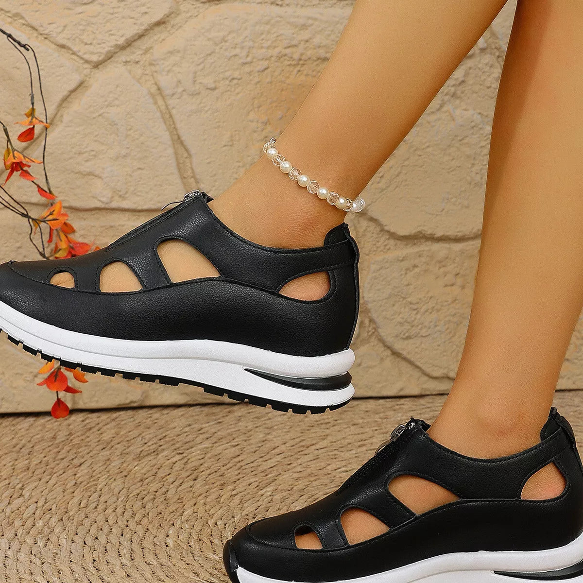 Cutout Zipper Wedge Sneakers
