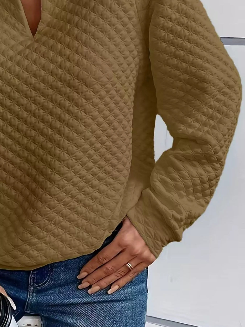 Textured Notched Raglan Sleeve Sweatshirt