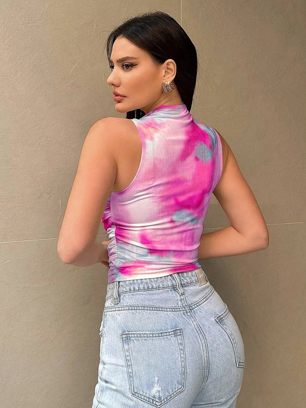 Printed Mock Neck Ruched Tank
